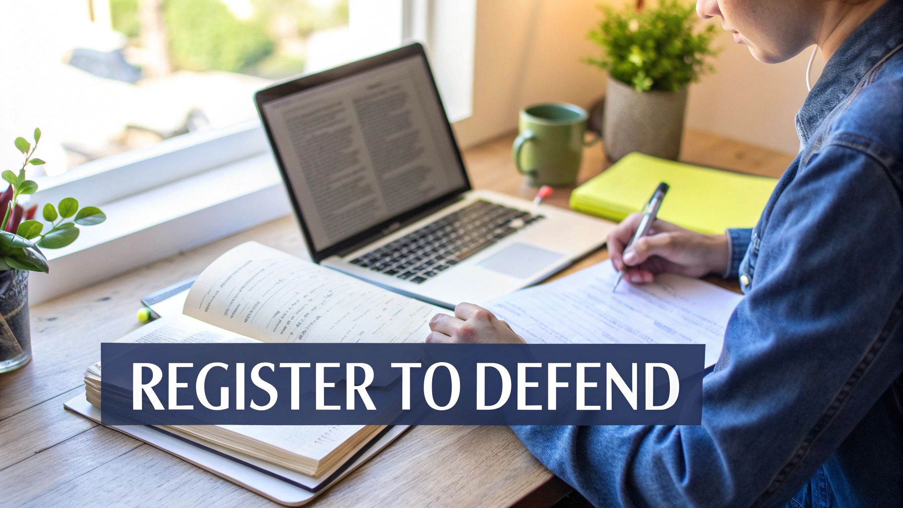 A person studying at a desk with a laptop, open book, and writing on paper.