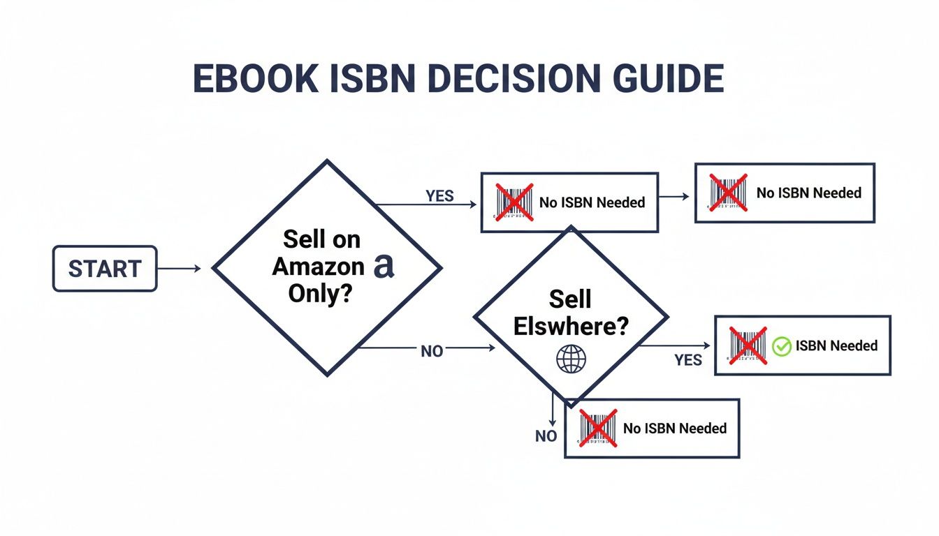 Flowchart guiding ebook sellers on ISBN necessity based on sales channels like Amazon.