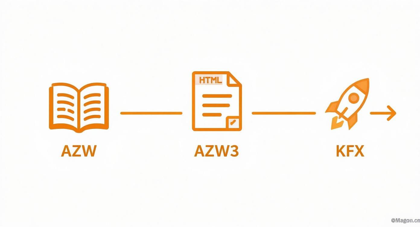 A diagram illustrating the progression of Kindle ebook formats: AZW, AZW3, and KFX.
