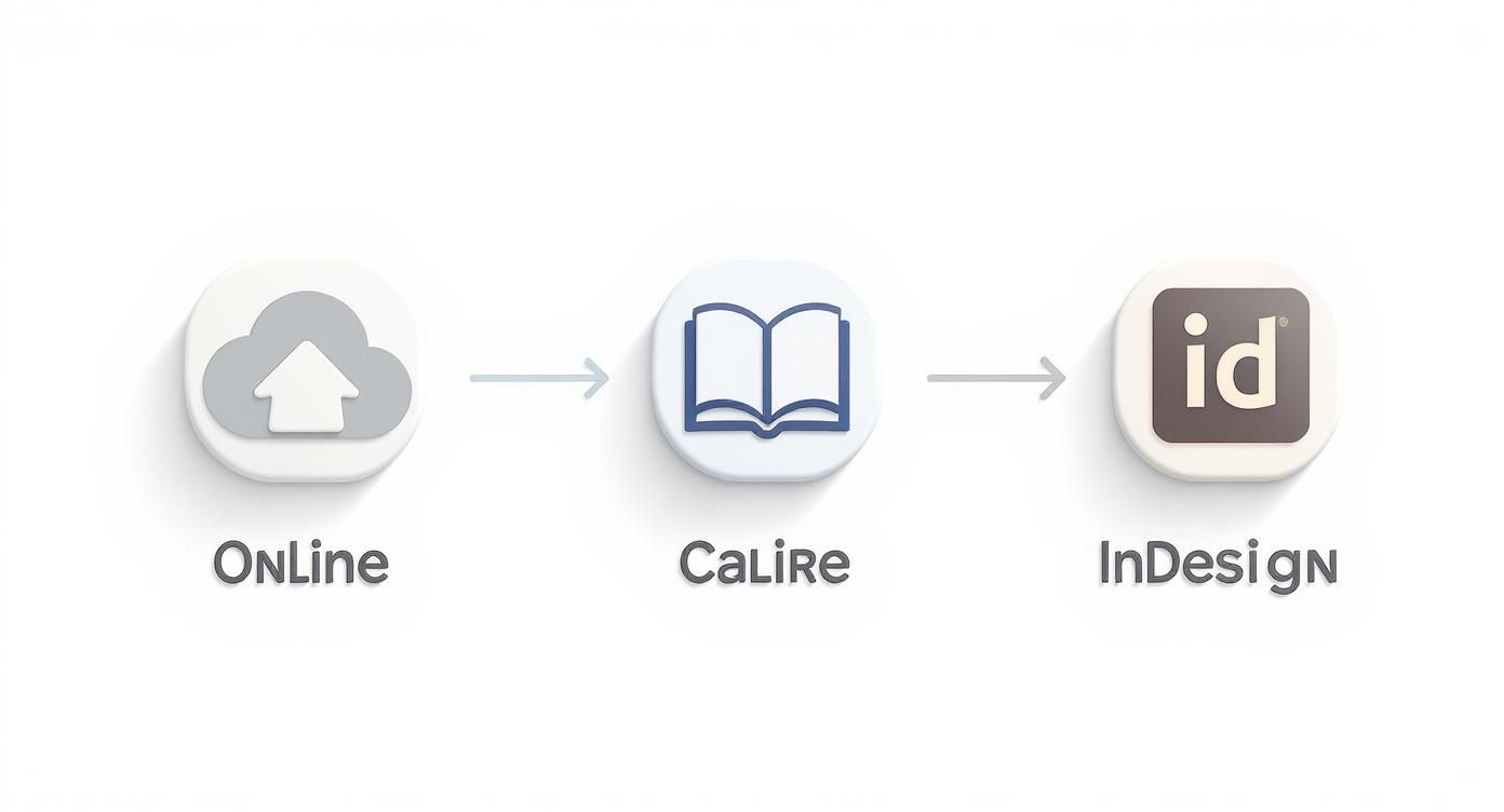 Workflow diagram showing online cloud upload to Calibre ebook manager to InDesign software conversion process