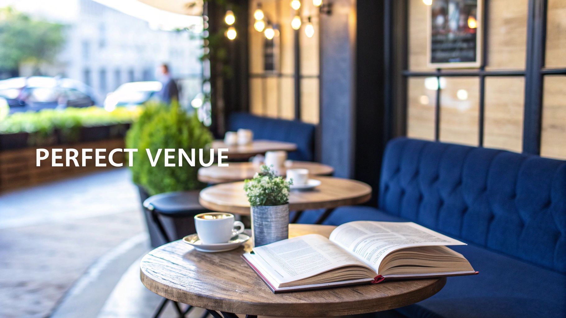 Cozy cafe interior with open book, coffee cup, and blue velvet seating by window