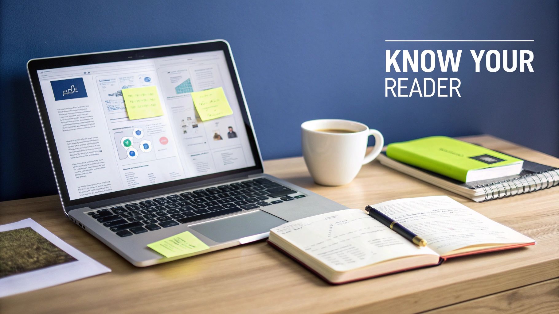 A laptop, coffee mug, and notebooks on a wooden desk with 'KNOW YOUR READER' text.