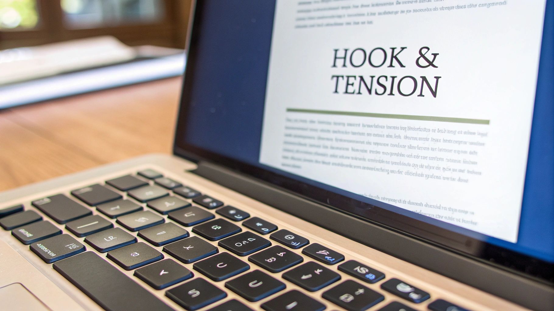 A close-up of a laptop screen displaying a document titled 'HOOK & TENSION', with a keyboard visible.