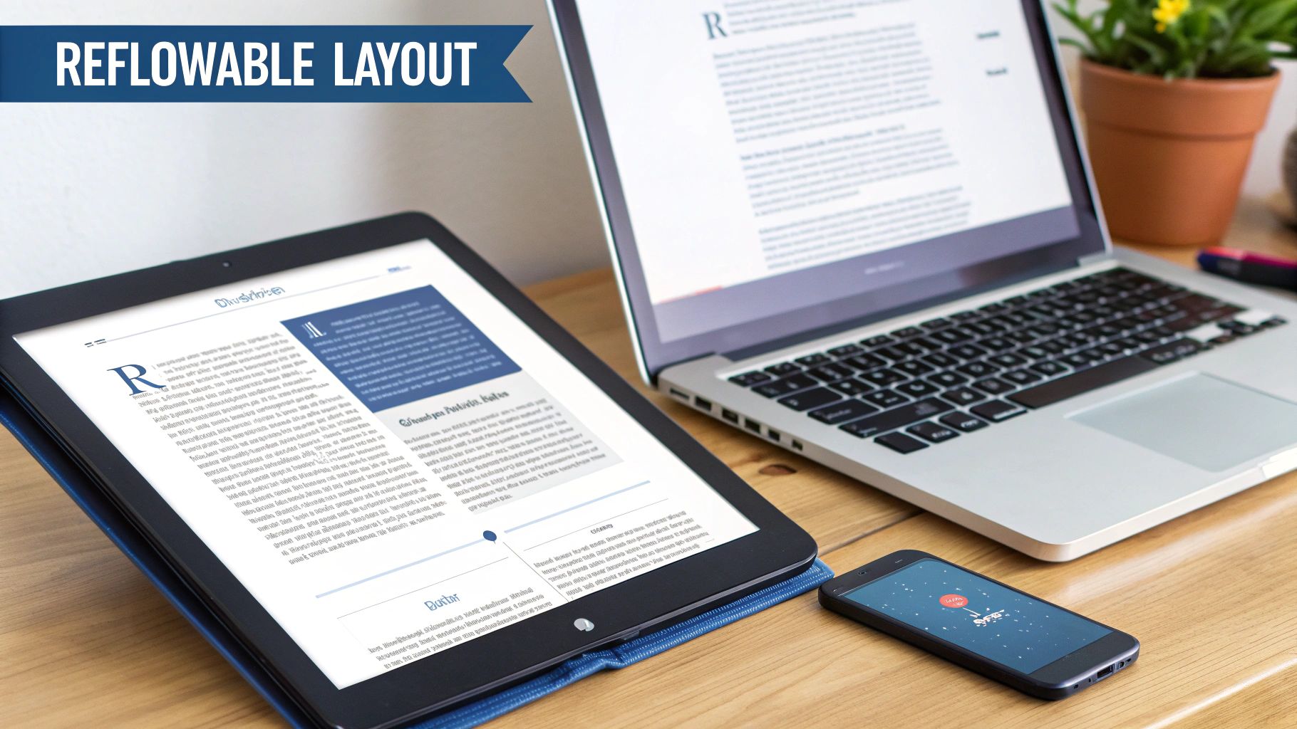 Laptop, tablet, and smartphone displaying a reflowable layout for an ebook on a wooden desk.