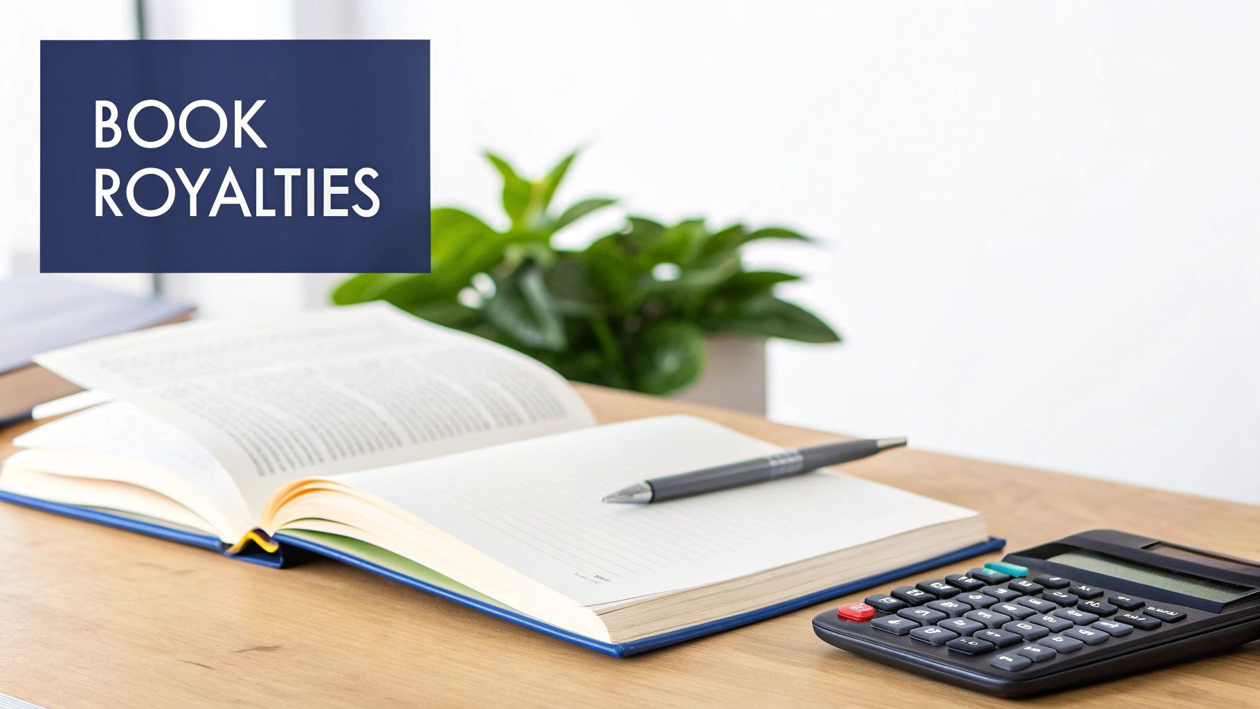 Author reviewing a royalty statement at a desk with books and a laptop.