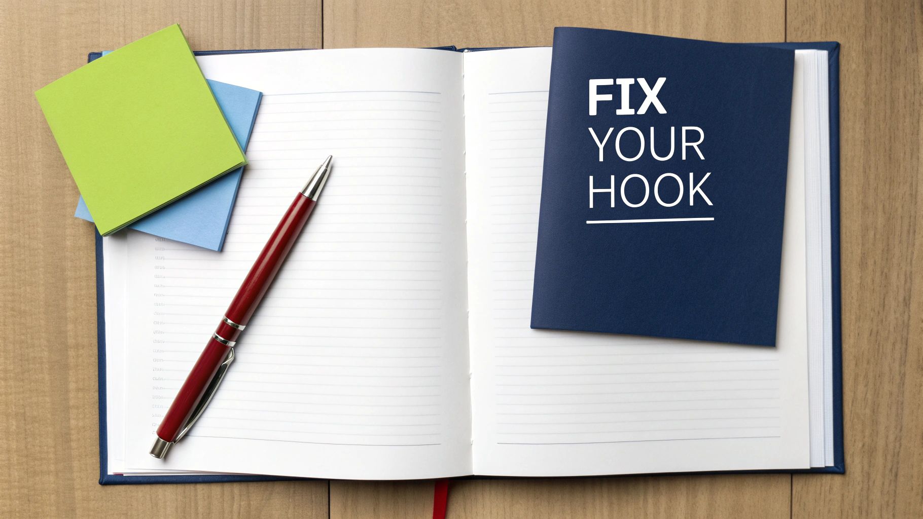 An open notebook with a pen, sticky notes, and a 'FIX YOUR HOOK' booklet on a wooden desk.