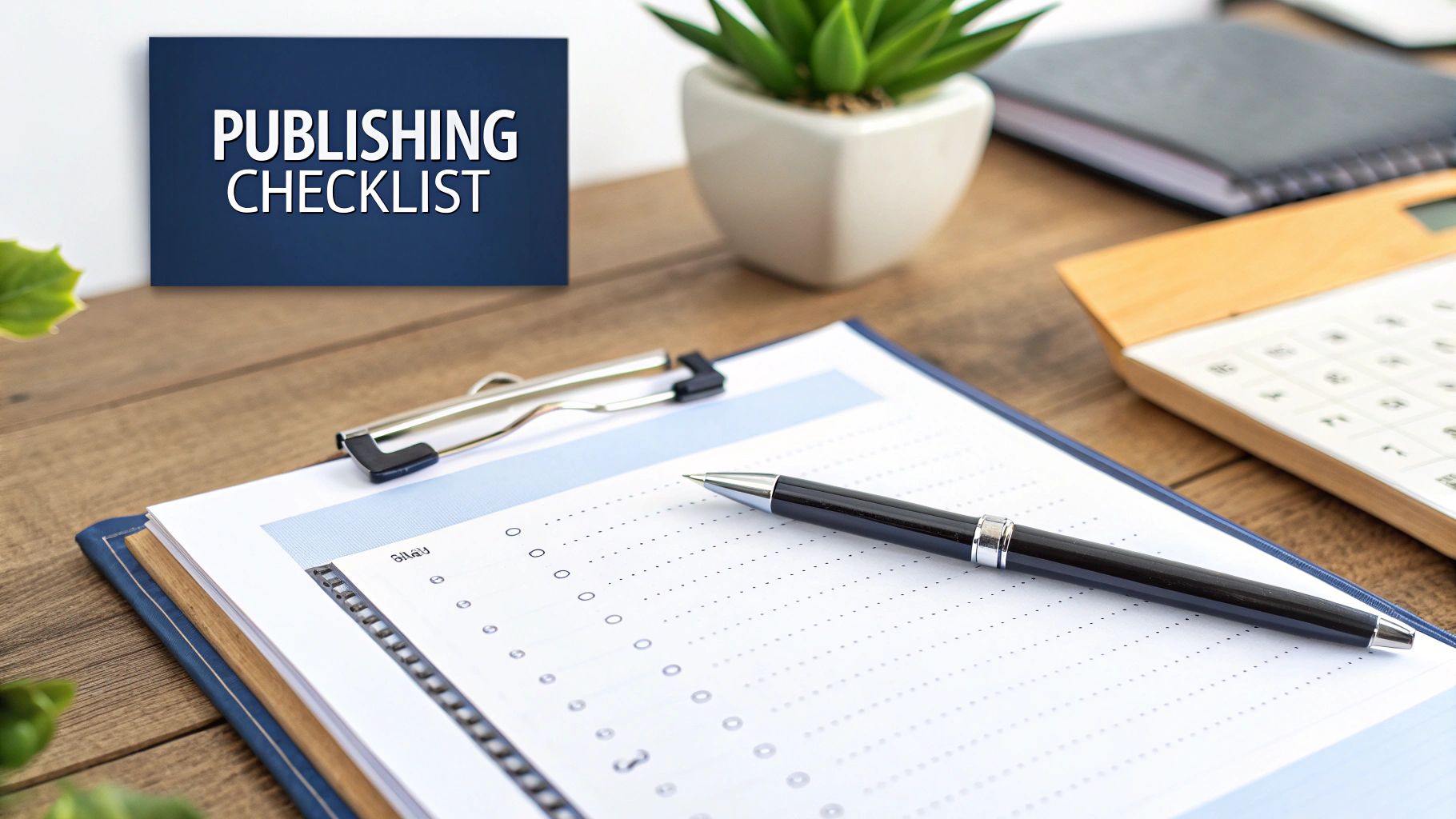 A publishing checklist sign on a wooden desk with a clipboard, pen, and calculator.