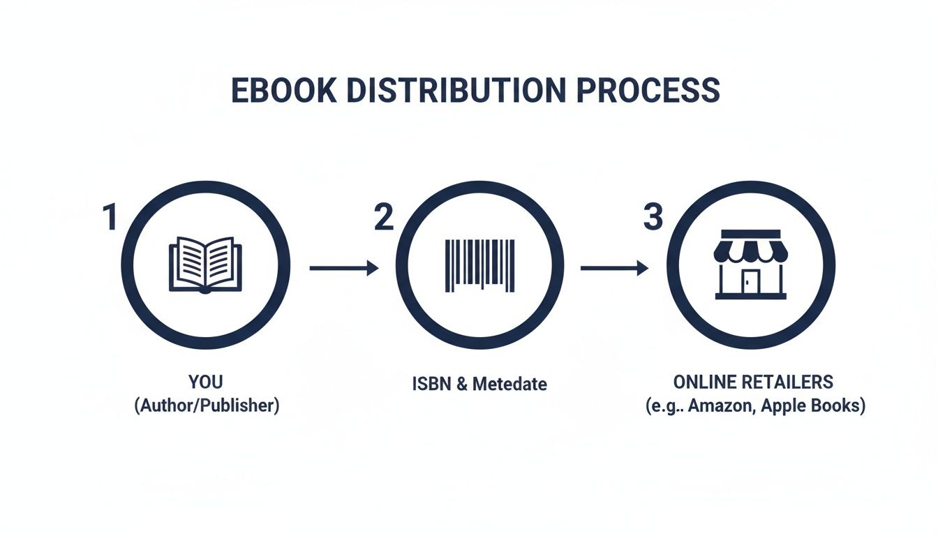 Diagram illustrating the three-step ebook distribution process from author to online retailers.
