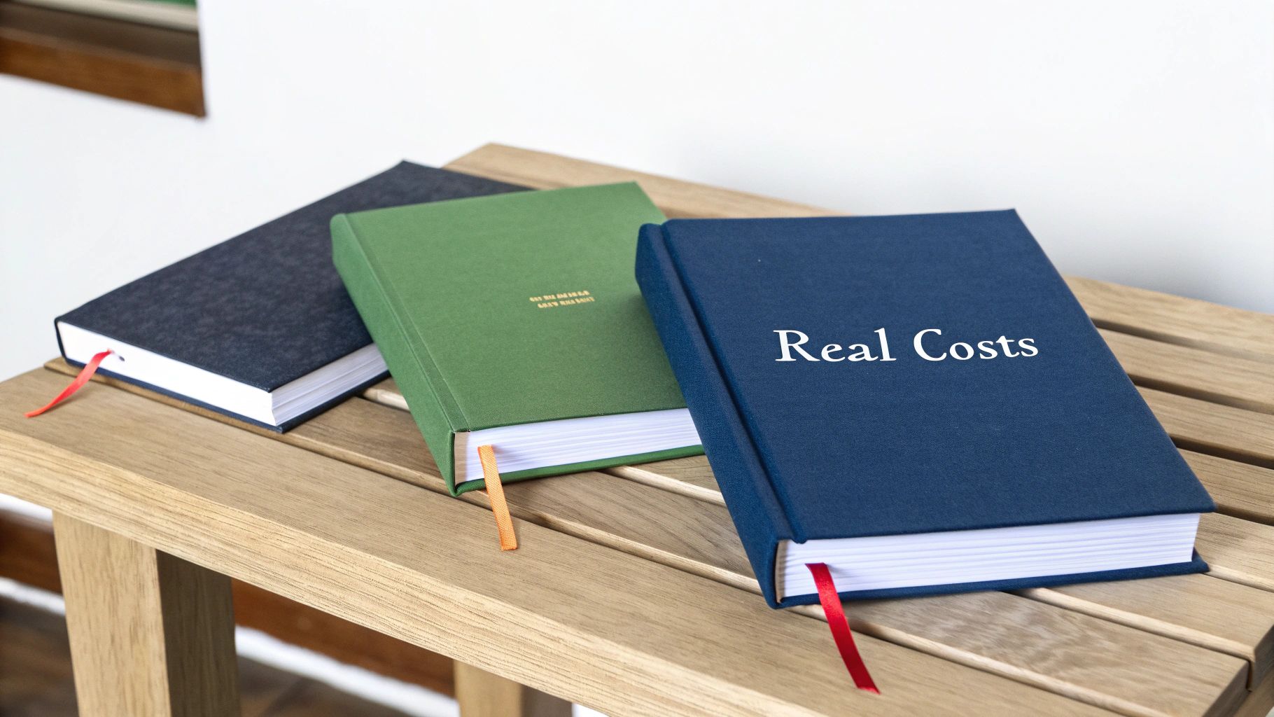 Three cloth-bound books, including one titled "Real Costs," rest on a light wooden table.