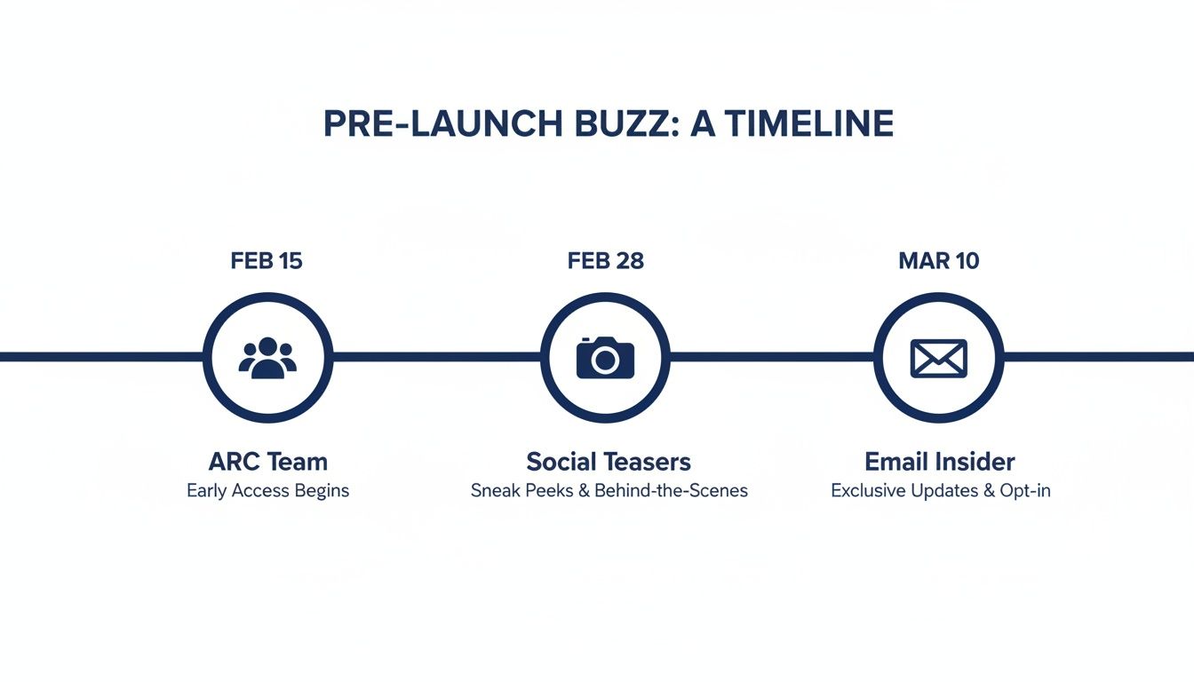 A pre-launch marketing timeline showing ARC Team early access, social teasers, and email insider updates.