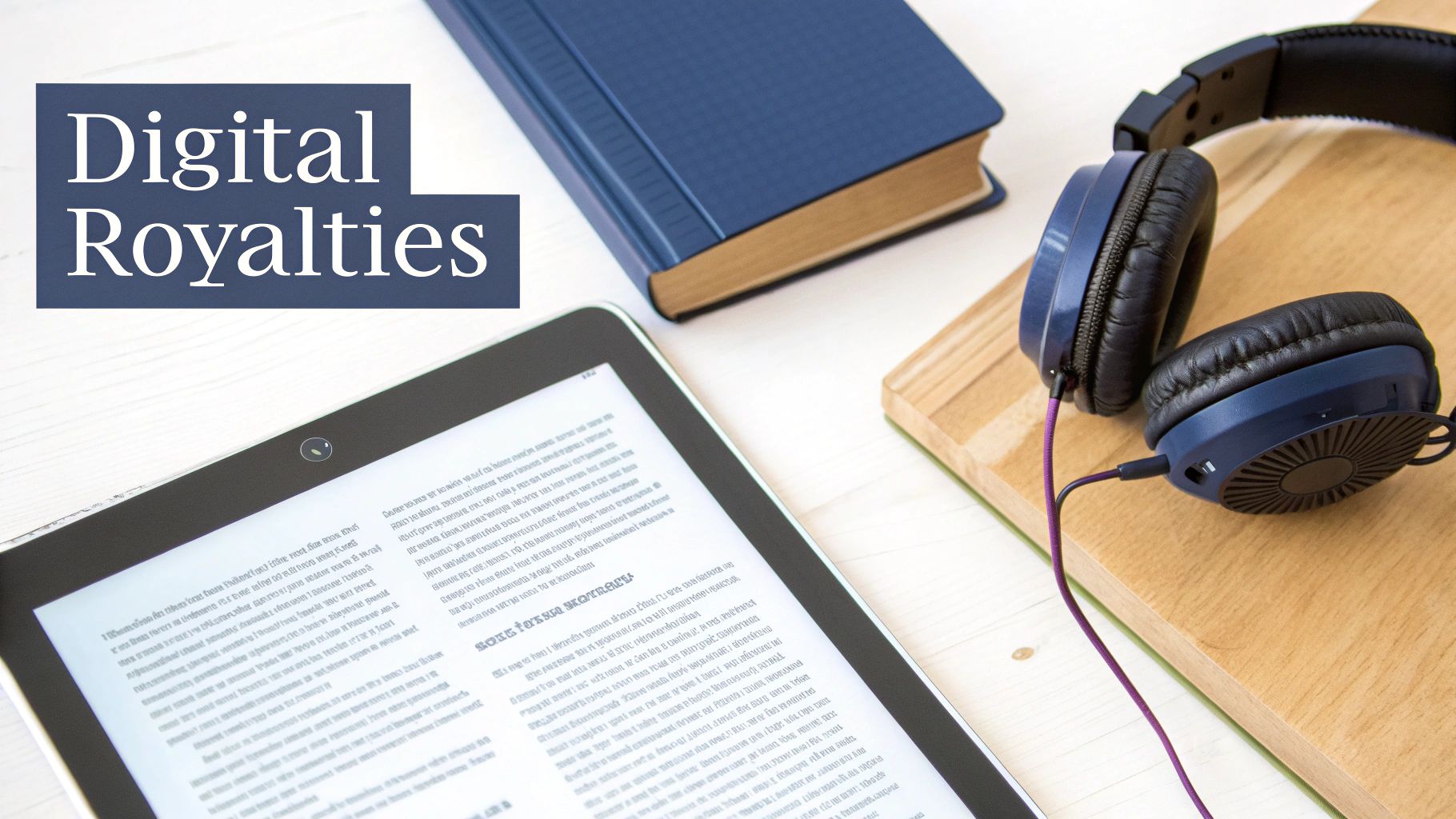 A tablet, closed blue book, and headphones on a light wooden surface, symbolizing digital royalties.