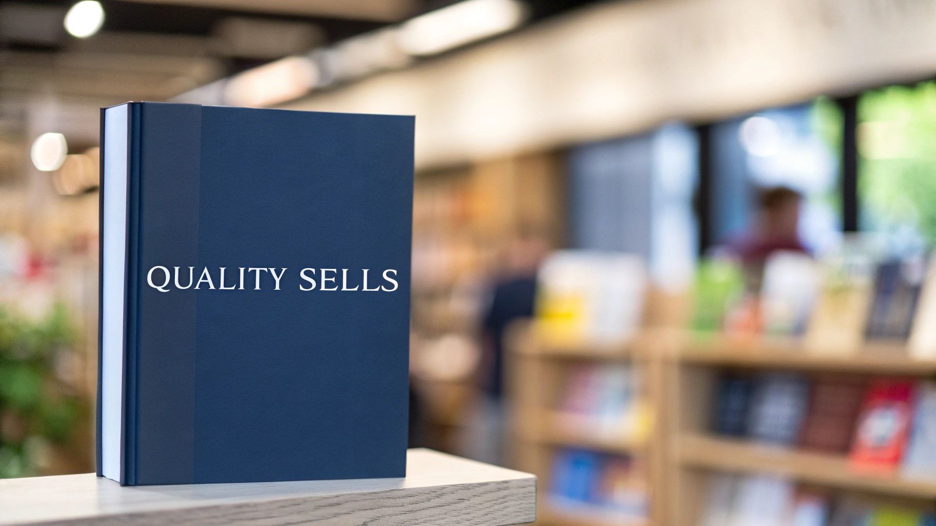 A dark blue book titled 'QUALITY SELLS' stands on a wooden counter in a blurred bookstore.