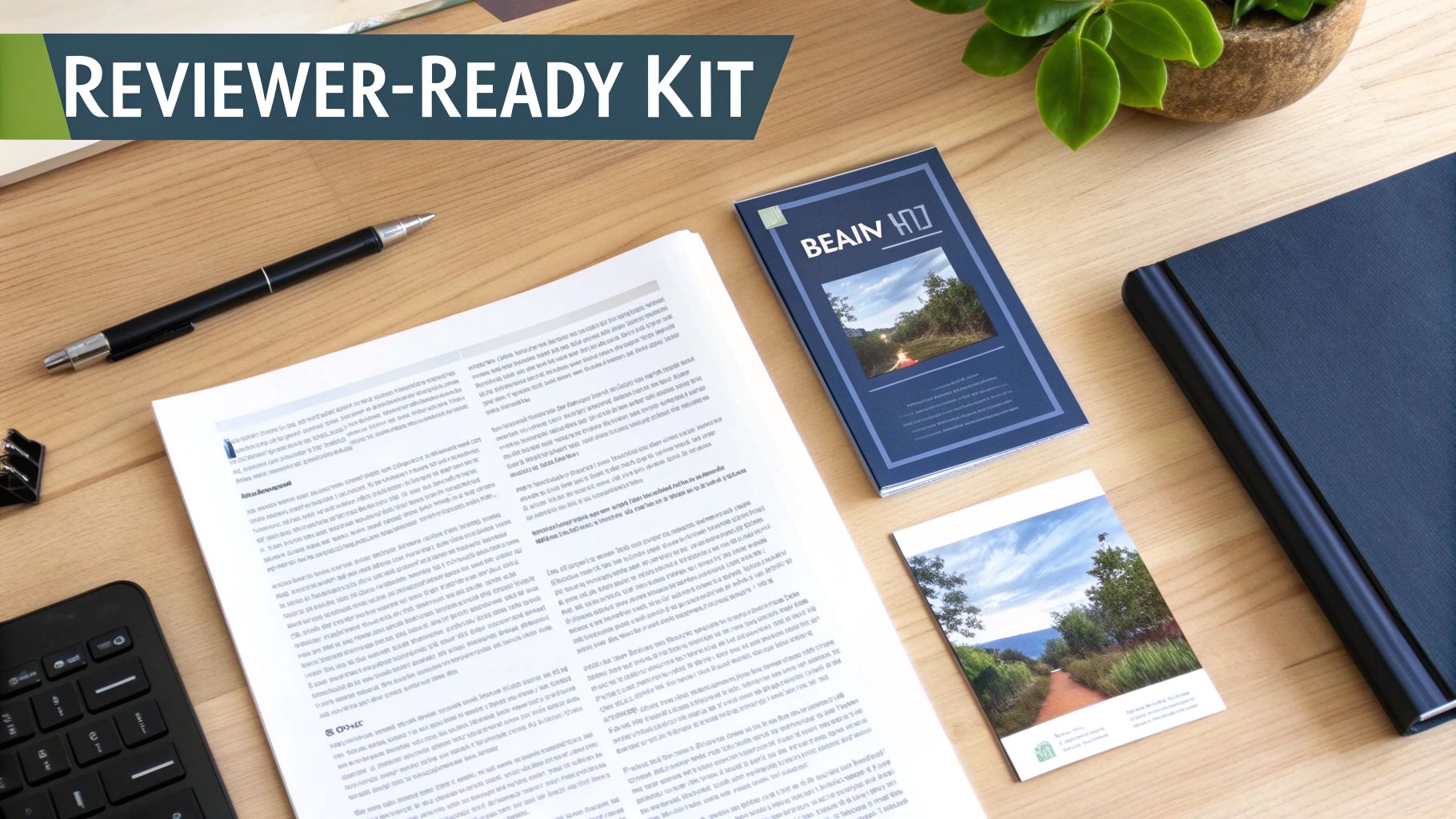 A reviewer-ready kit flat lay on a wooden desk with a pen, papers, brochure, and notebook.