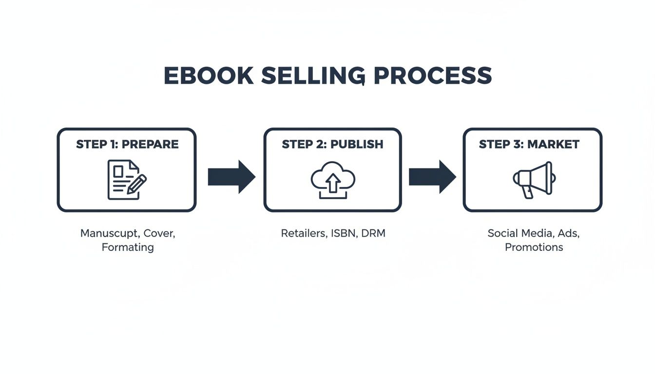 A diagram outlining the three-step ebook selling process: Prepare, Publish, and Market.