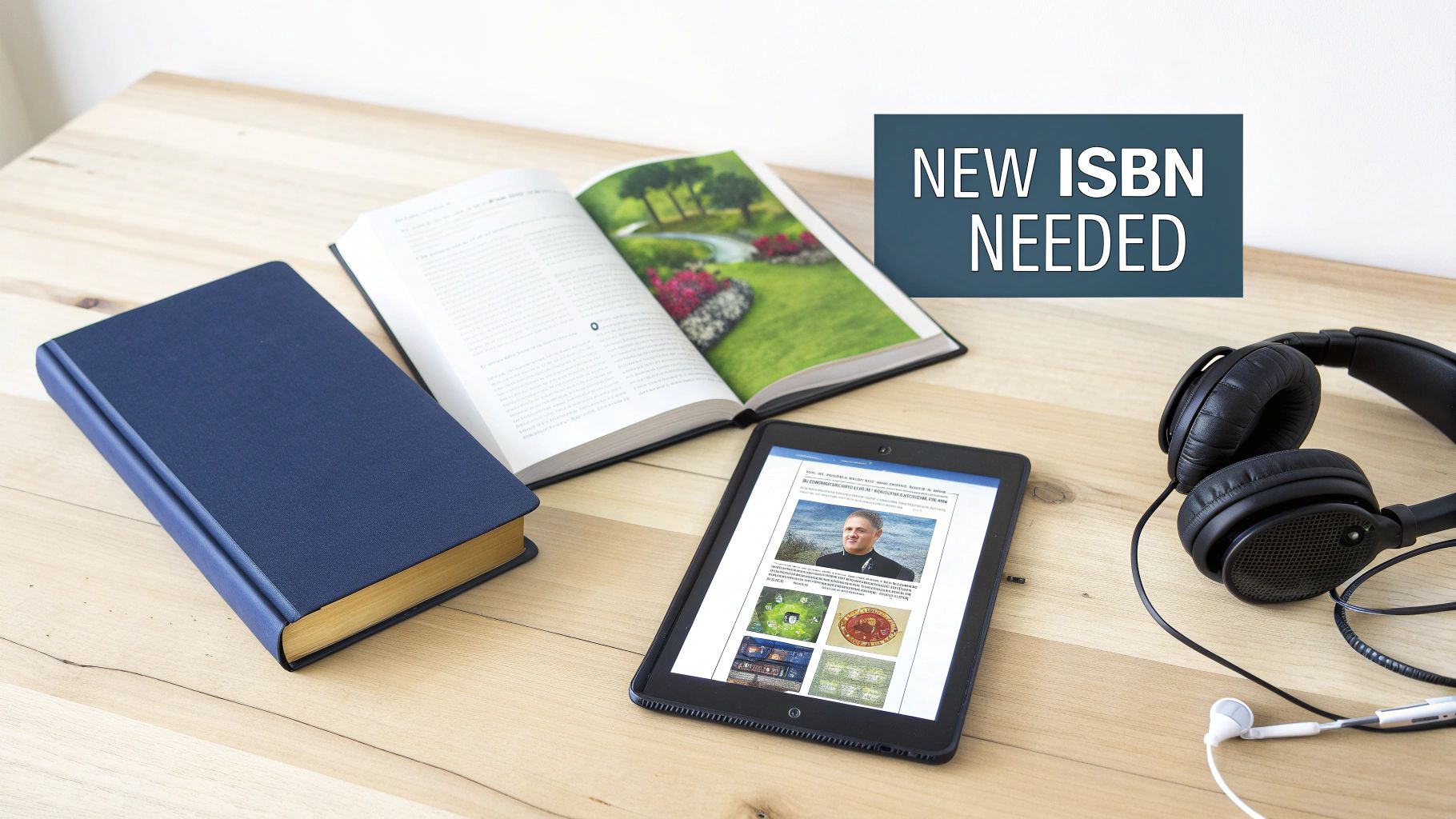 A wooden desk with books, a tablet showing a person, headphones, and a 'NEW ISBN NEEDED' sign.