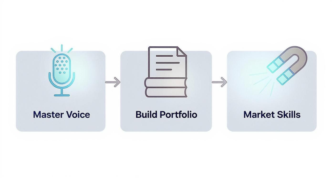 A three-step process diagram illustrating how to develop skills: Master Voice (microphone), Build Portfolio (papers/books), and Market Skills (magnet).