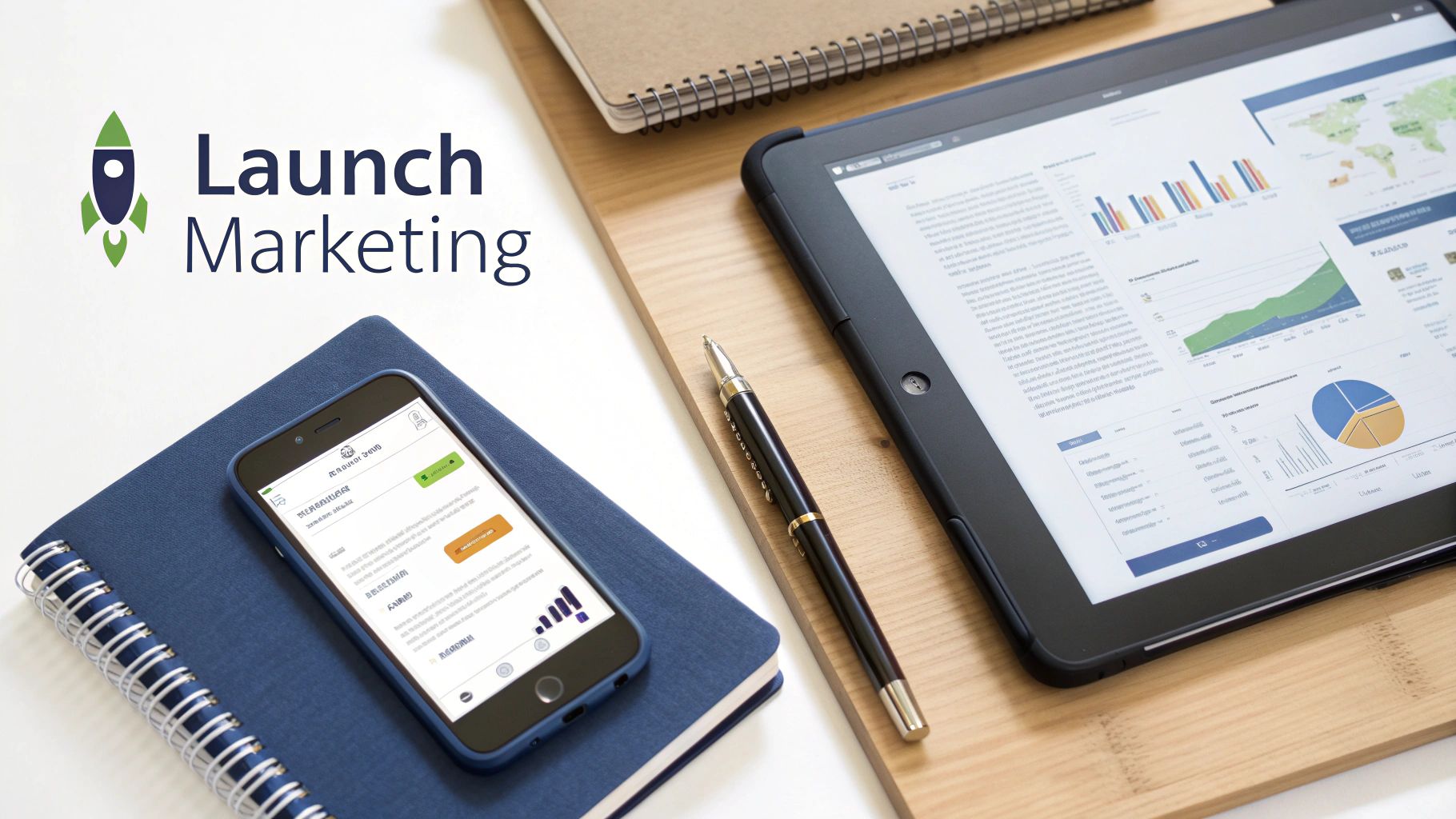 A flat lay showing a 'Launch Marketing' logo, smartphone, tablet with data analysis, and a pen on a desk.