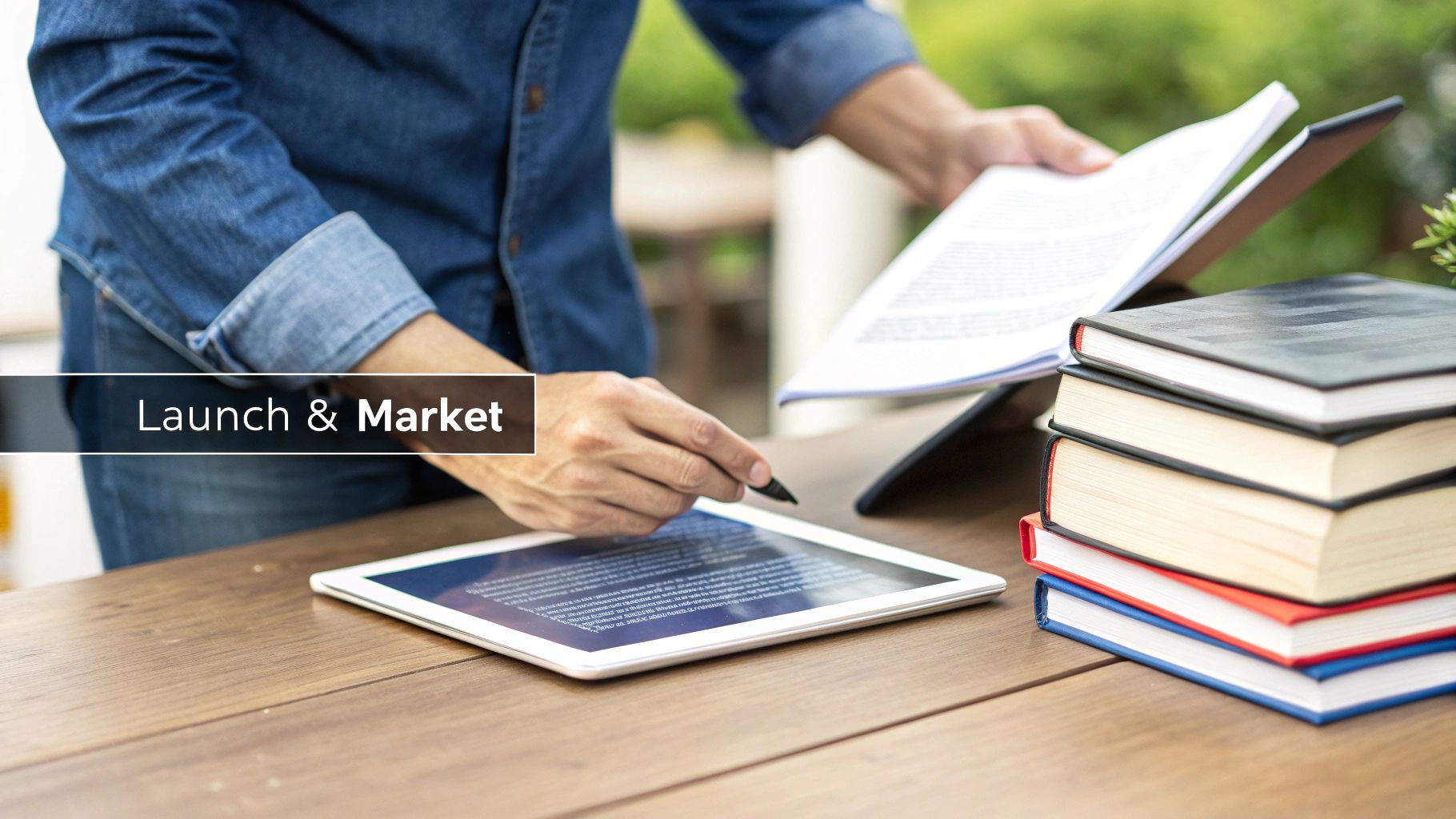 A person working at a wooden desk, pointing at a tablet screen with a pen, holding documents, with a stack of books and text 'Launch & Market'.