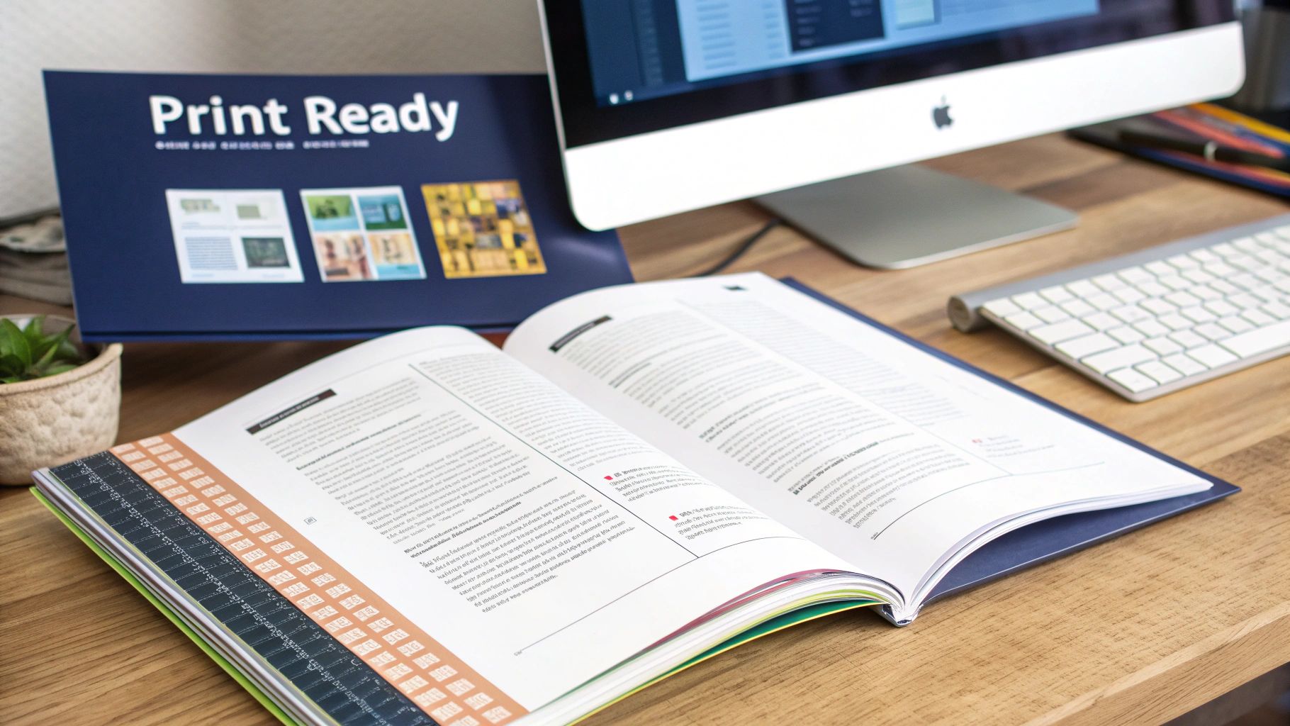 An organized workspace featuring an open book, a 'Print Ready' folder, and a computer setup.