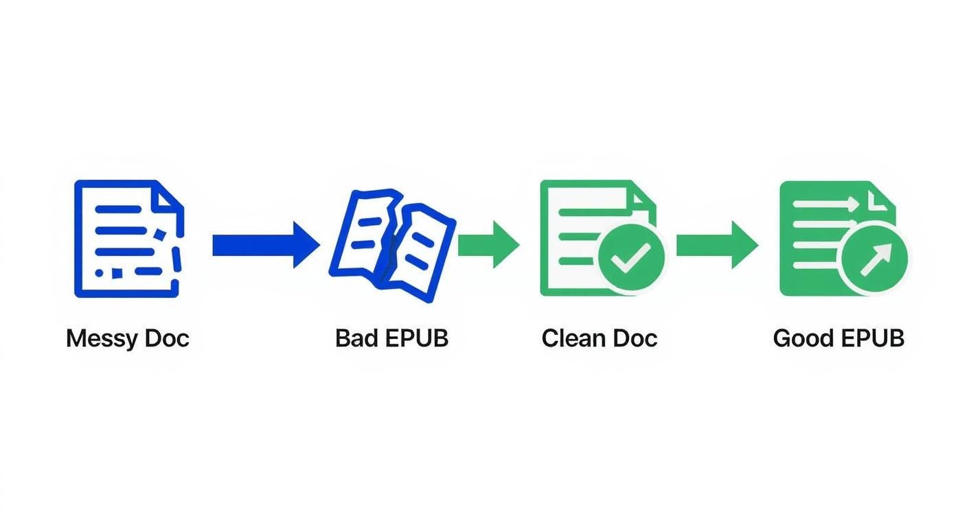 Document conversion workflow diagram showing process from messy Word document to bad EPUB to clean document to good EPUB