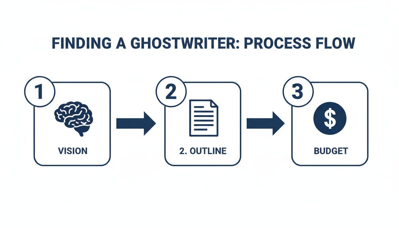 A process flow diagram illustrating three key steps for finding a ghostwriter: Vision, Outline, and Budget.