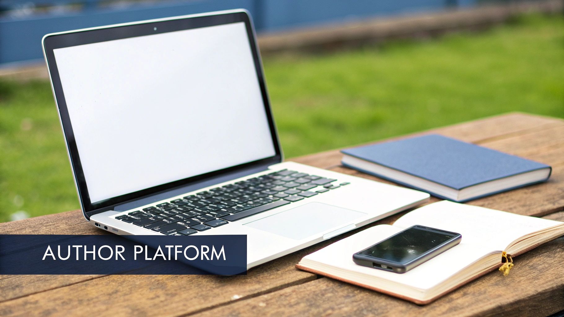 Laptop with blank screen on wooden desk outdoors with notebook and smartphone for author platform