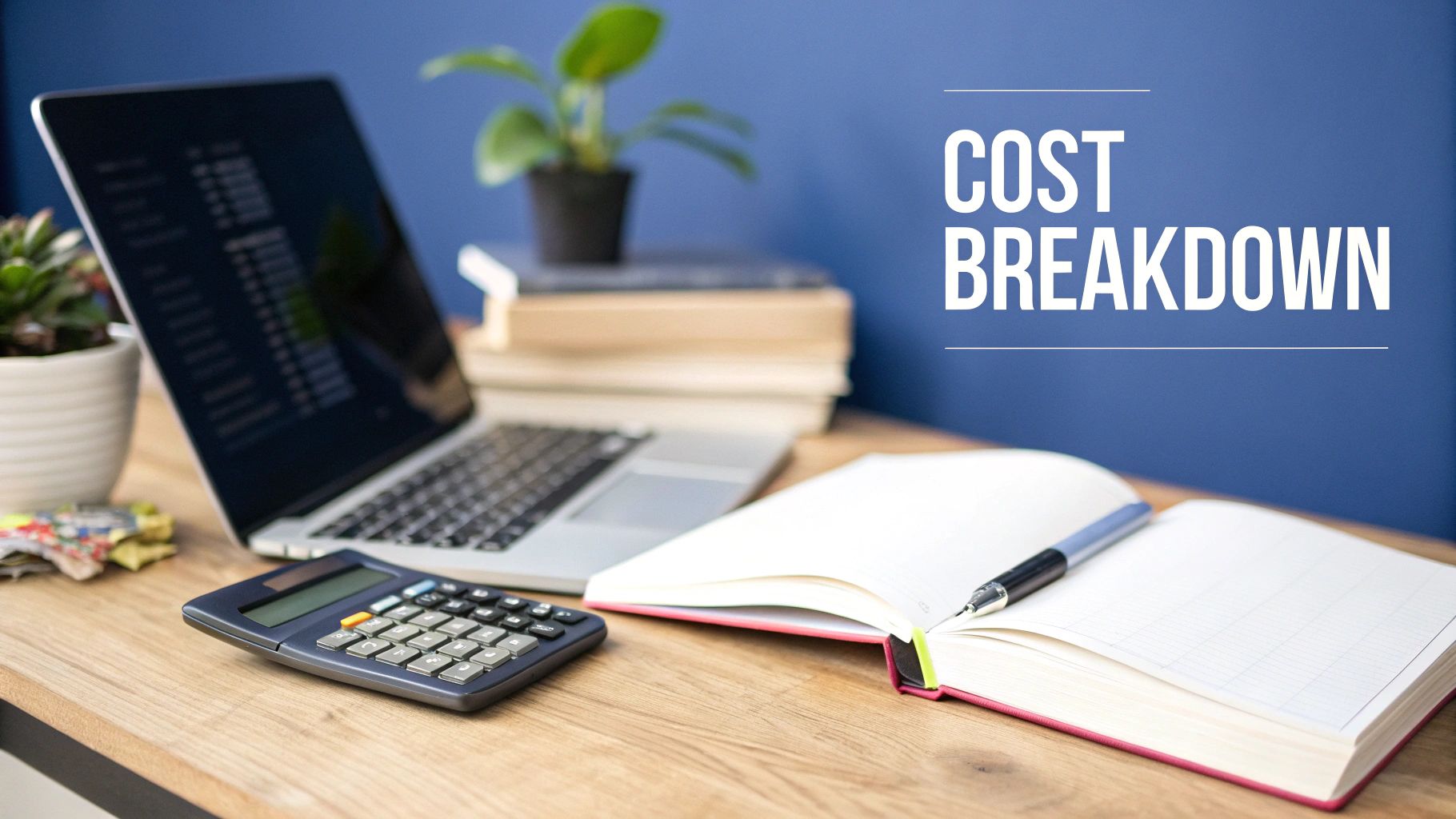 A desk with a laptop, calculator, open notebook, and plants, displaying "COST BREAKDOWN" text.