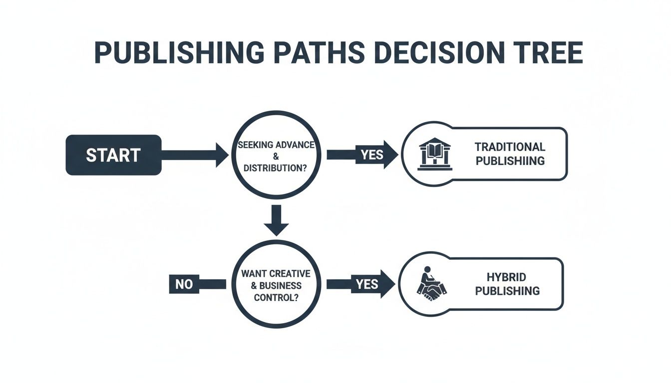 A publishing paths decision tree flowchart guiding authors through options based on advance, distribution, and control.