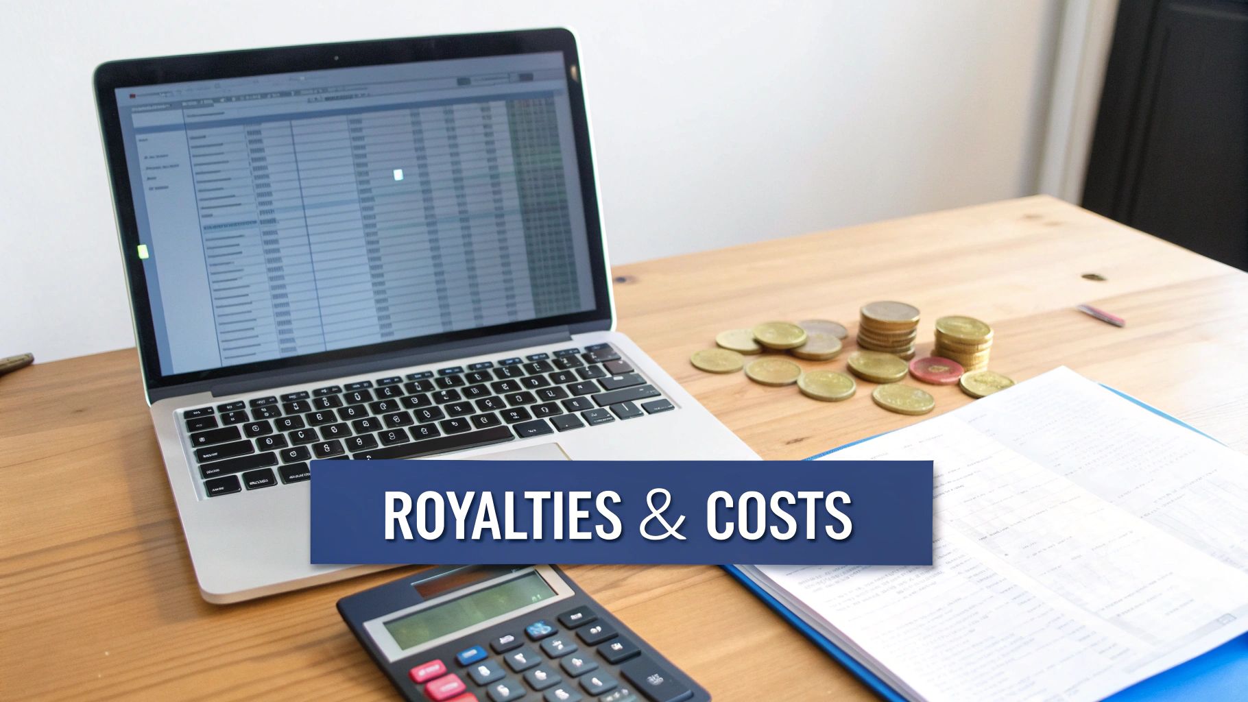 A laptop with a spreadsheet, coins, a calculator, and documents on a desk, representing royalties and costs.