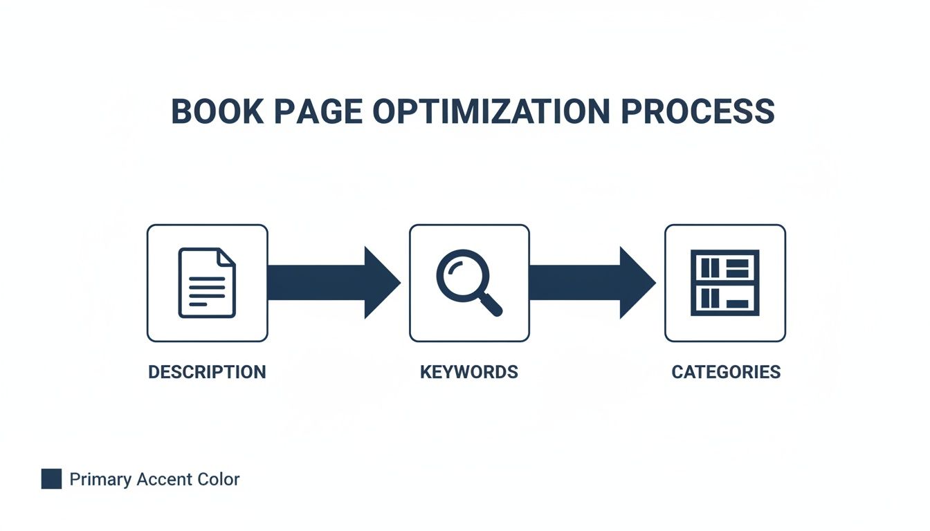 Visual representation of the book page optimization process, showing steps: description, keywords, and categories.