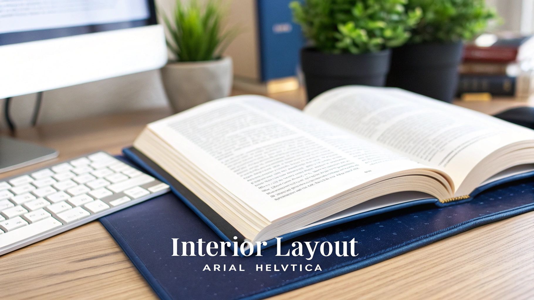 An open book displaying interior layout on a blue mat, with a keyboard and plants on a wooden desk.
