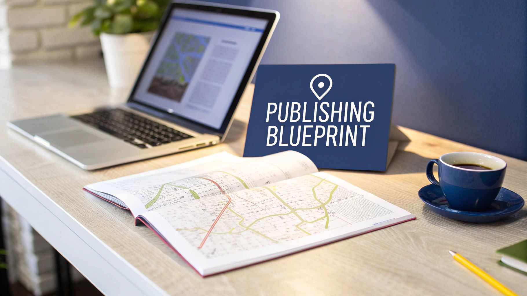 A professional desk setup with a laptop, an open book, coffee, and a "Publishing Blueprint" sign.