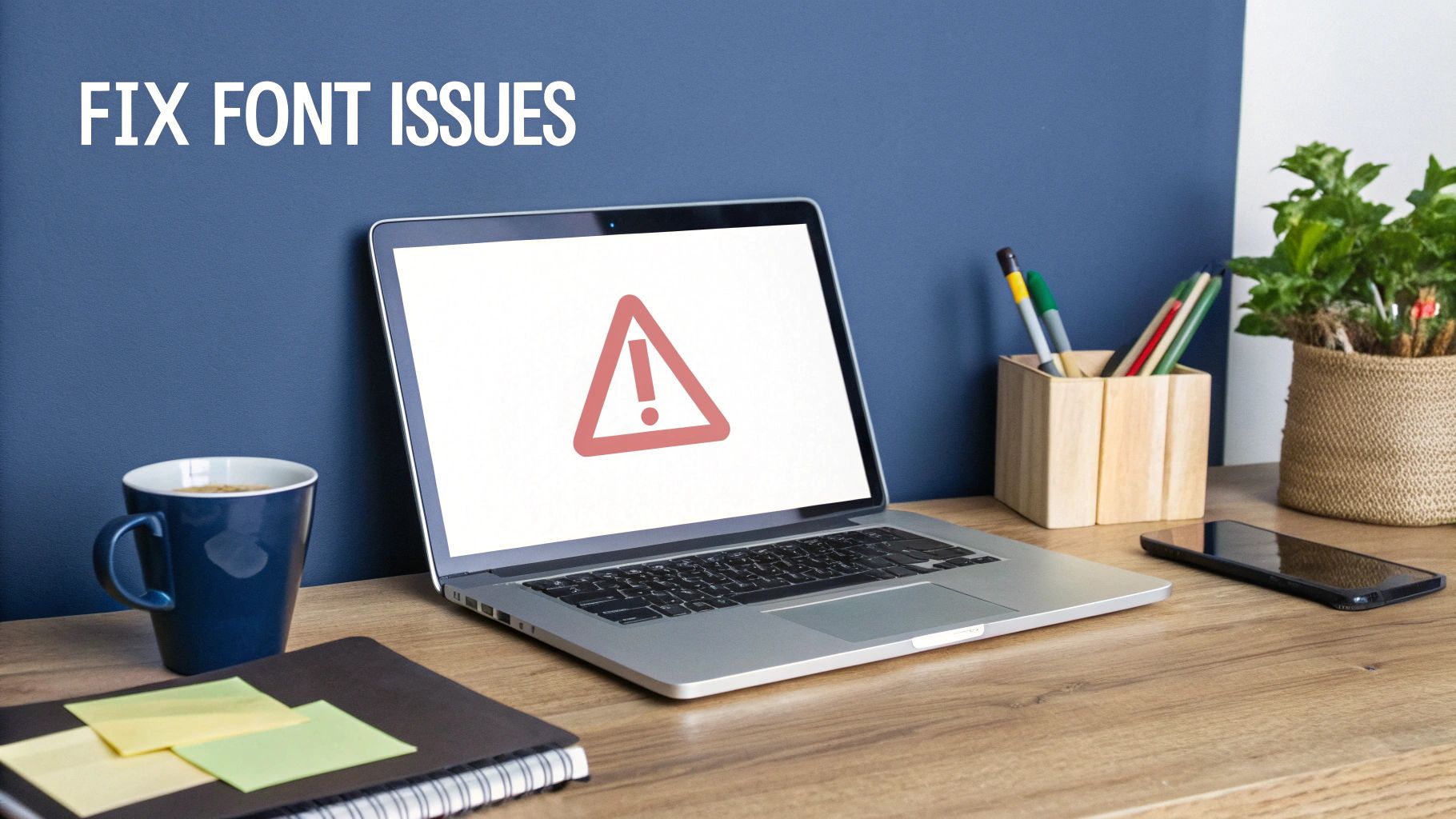 A laptop on a wooden desk displaying a warning sign on screen, with text 'FIX FONT ISSUES'.