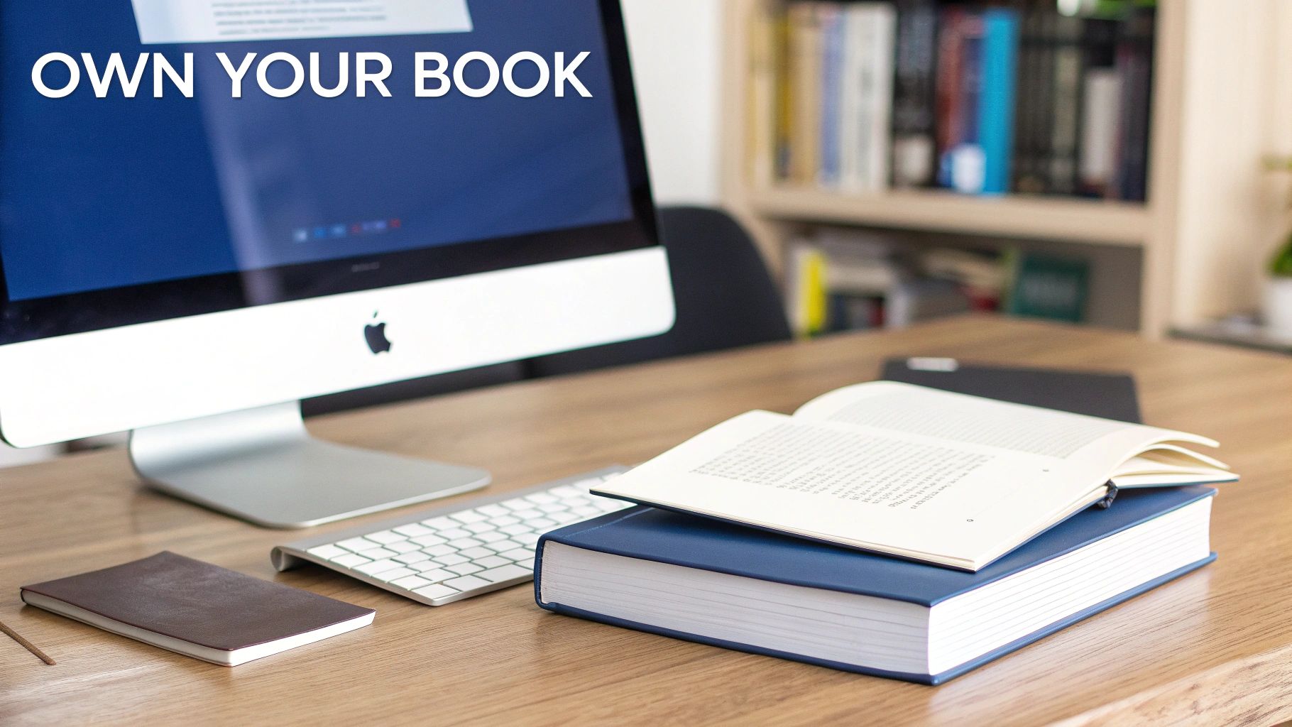Author creating a marketing plan on a laptop, surrounded by books and social media icons.