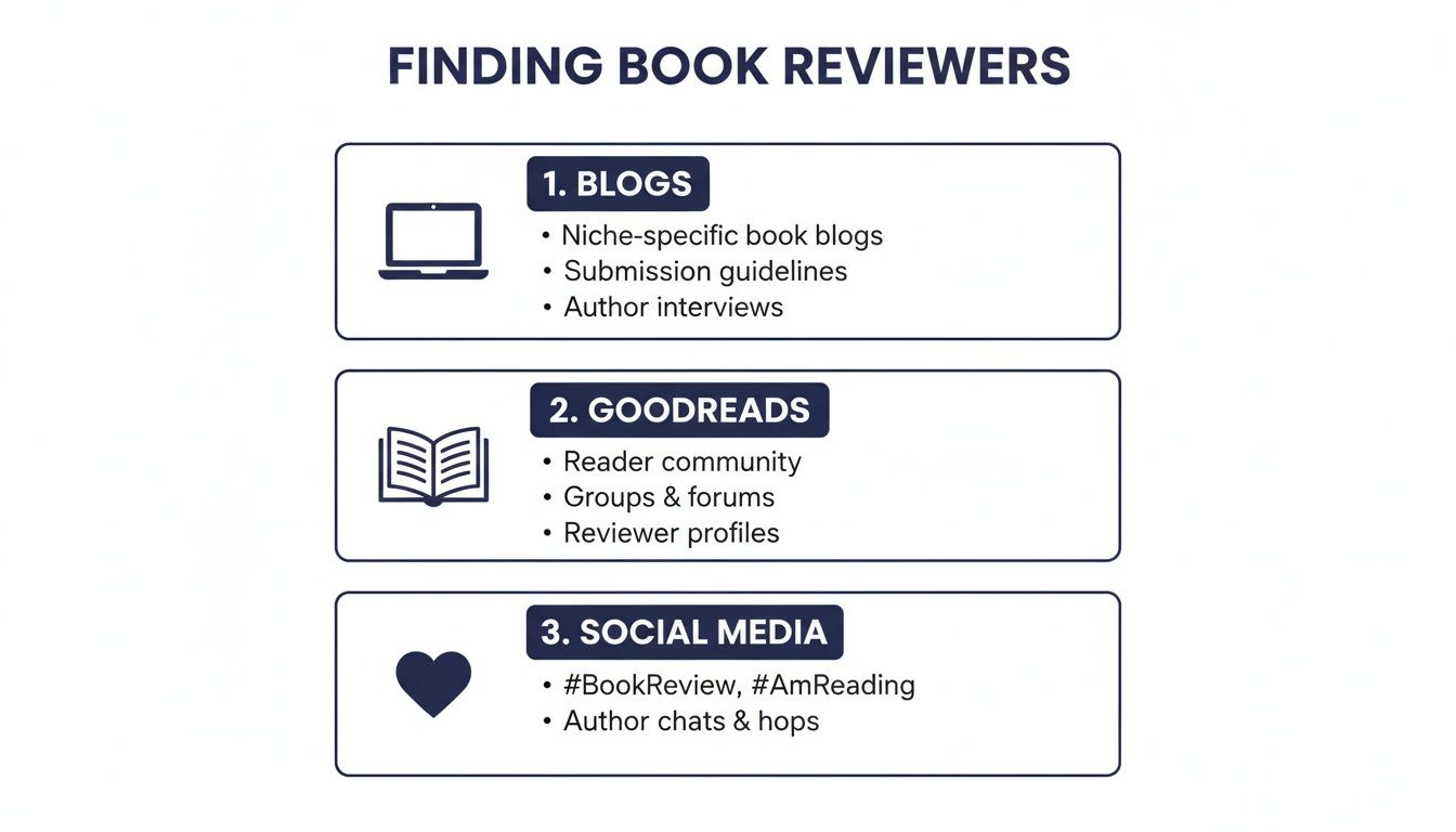 Infographic showing three methods for finding book reviewers: blogs, Goodreads, and social media.