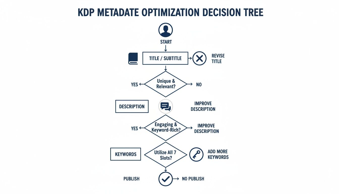 Flowchart illustrating the KDP metadata optimization process for titles, descriptions, and keywords.