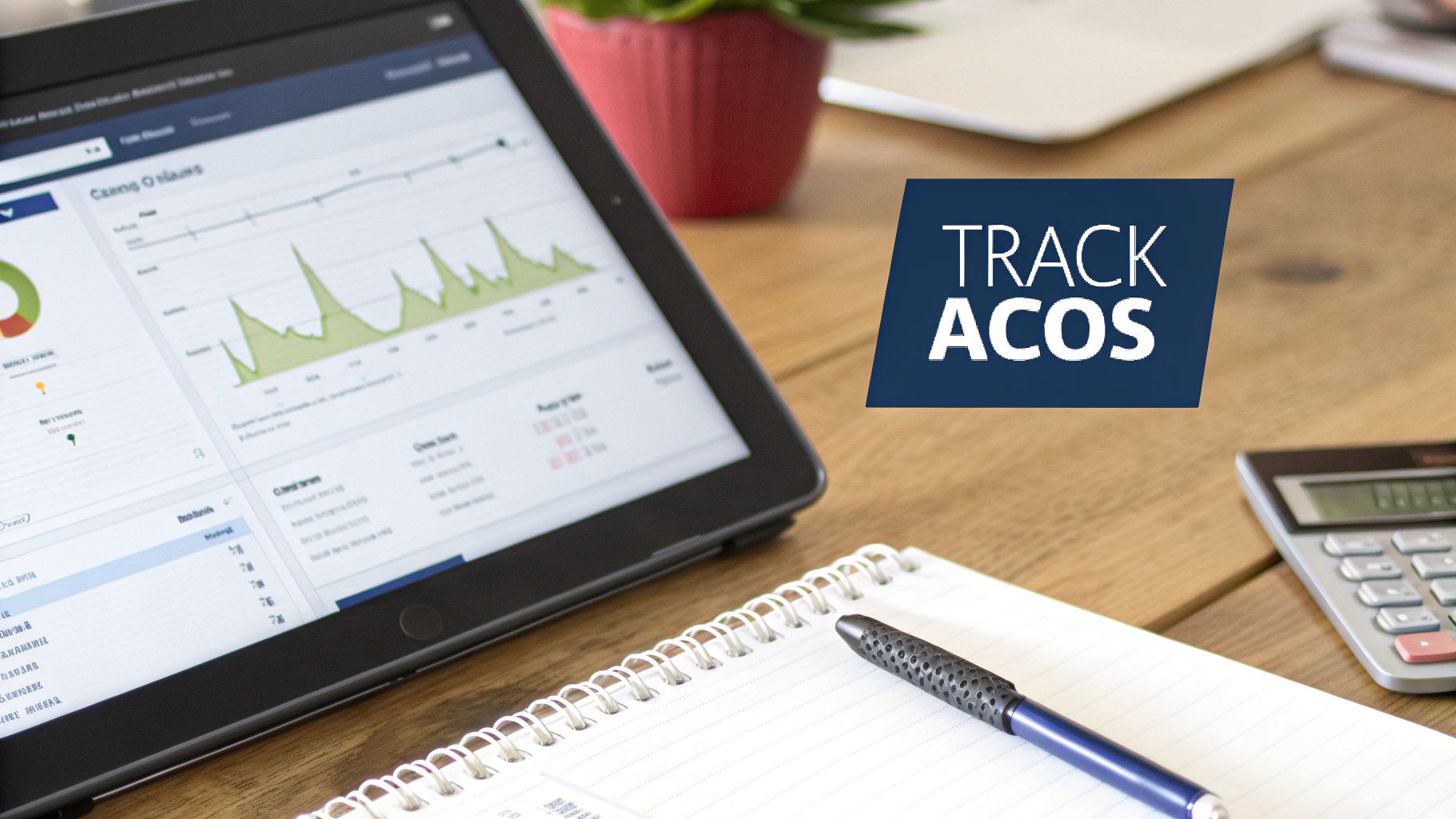 A tablet displays business analytics charts and data, with a blue overlay showing 'TRACK ACOS' on a wooden desk.