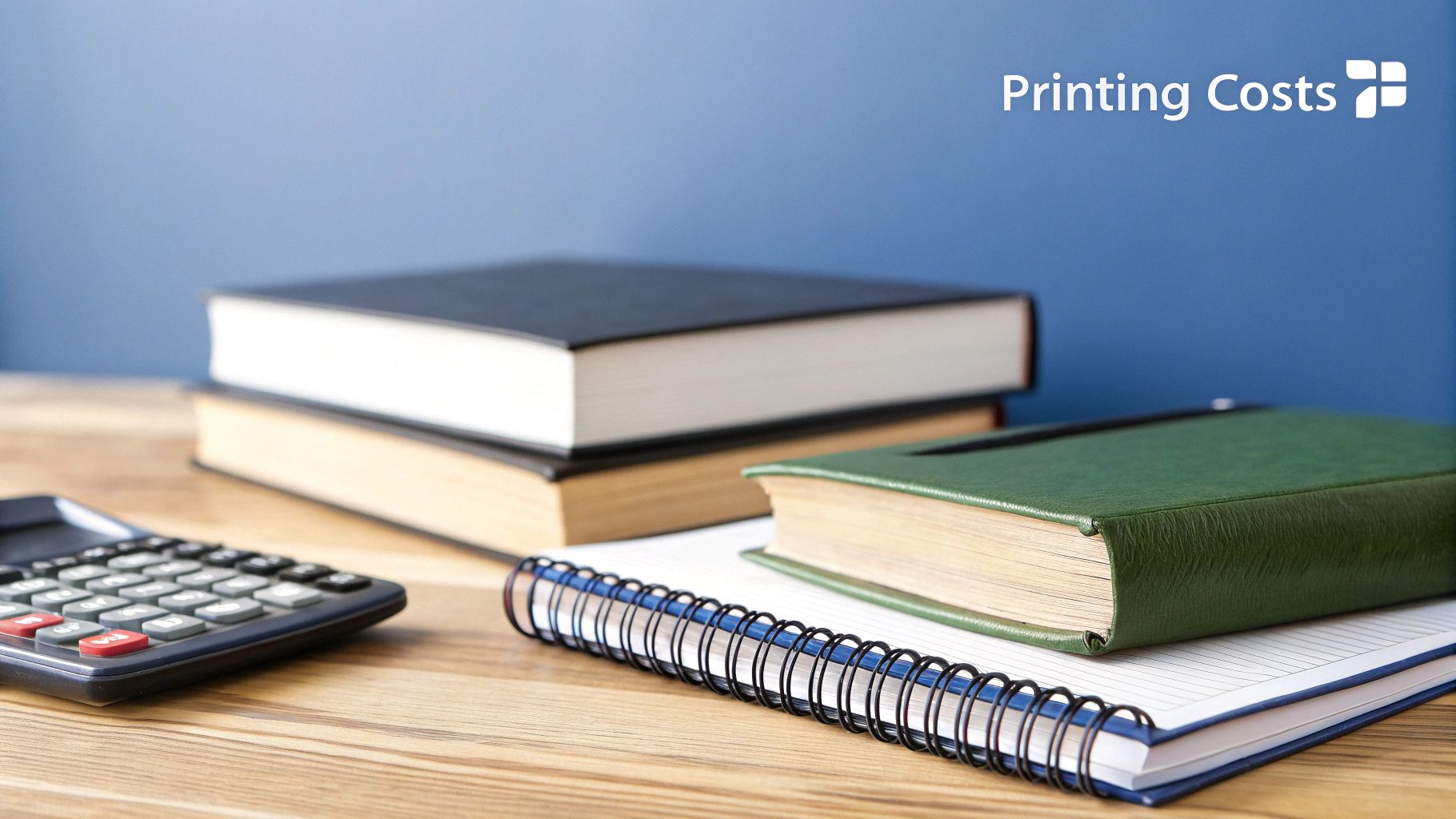 A calculator, stack of books, and a notebook on a wooden desk with "Printing Costs" text.