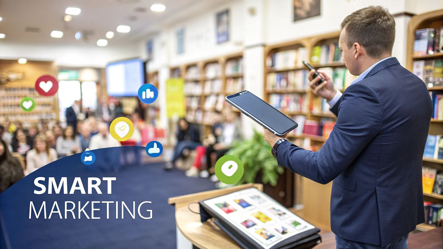 A person typing on a laptop with social media icons floating around, symbolizing book marketing.