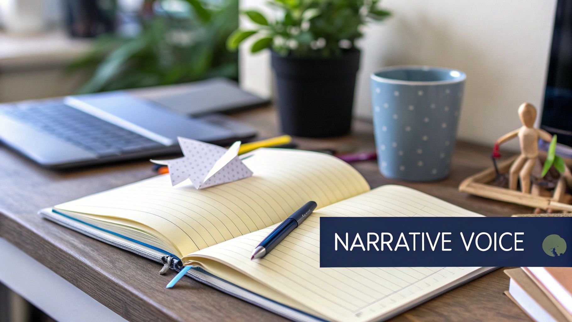 A creative writing workspace with an open notebook, pen, laptop, plant, and 'Narrative Voice' overlay.