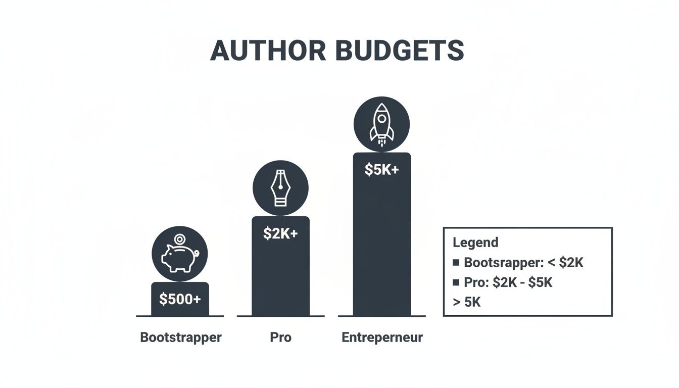 Bar chart illustrating author budgets: Bootstrapper ($500+), Pro ($2K+), and Entrepreneur ($5K+).