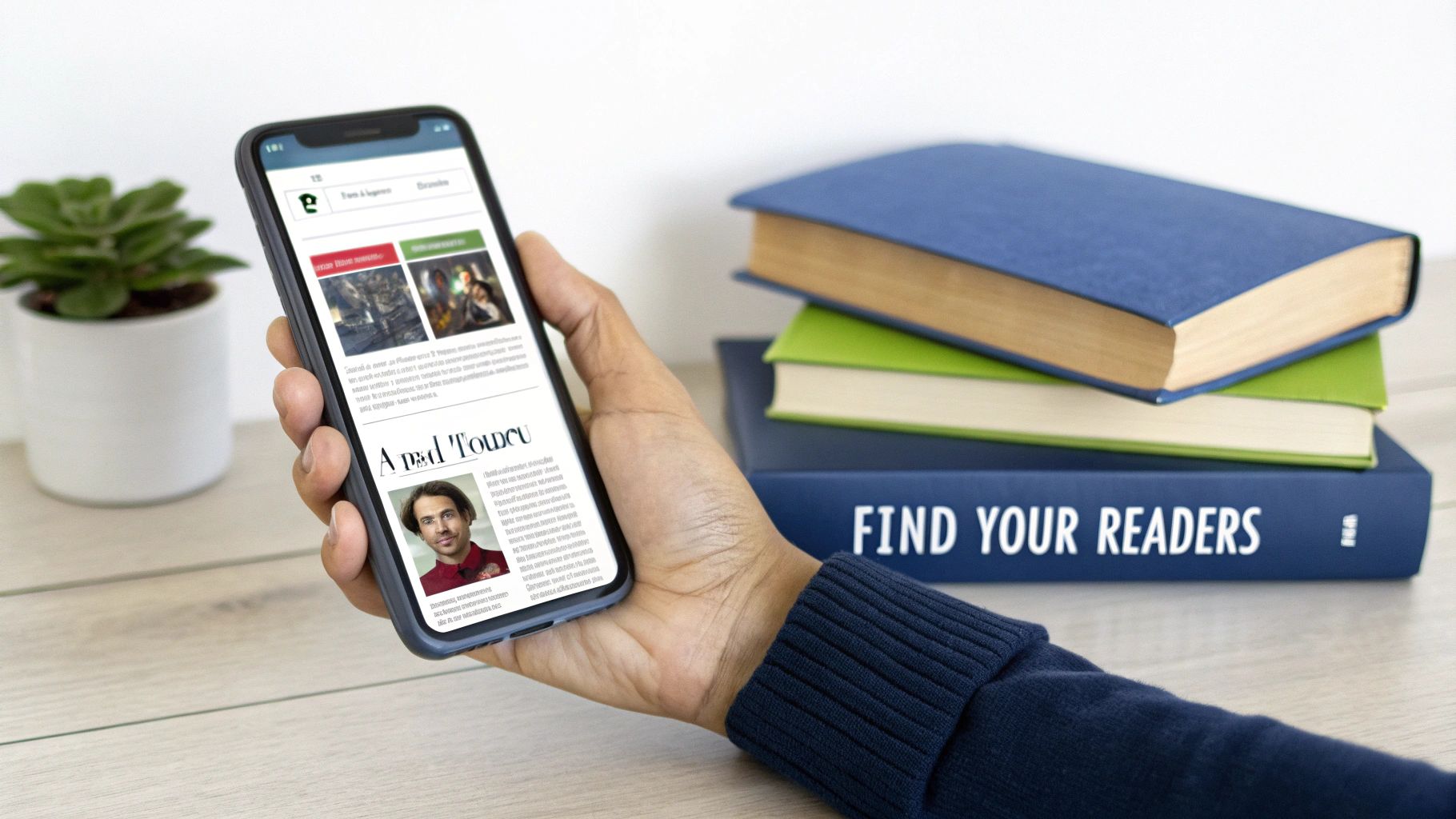 A person using a laptop to market their book online.