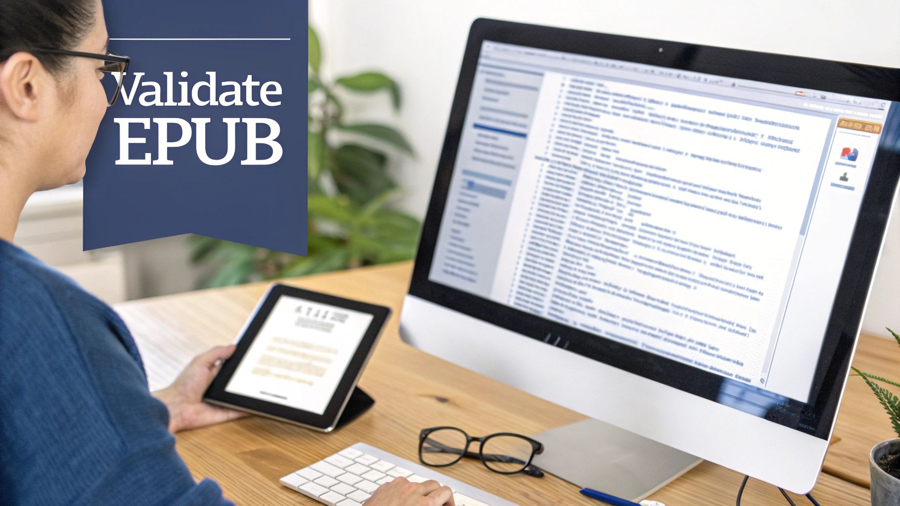 A person validates an EPUB file on a computer, holding a tablet on a wooden desk.