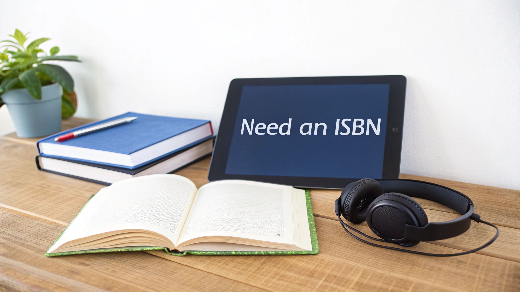 A wooden desk with books, a pen, an open book, a tablet showing 'Need an ISBN', and headphones.