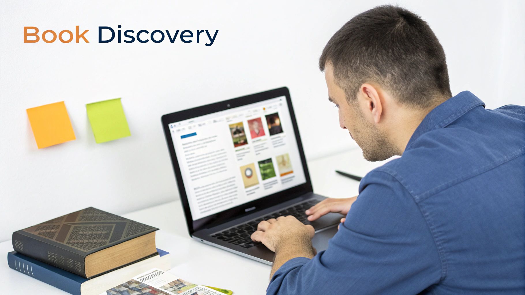 A person browses books on a laptop, with physical books and sticky notes on a desk.