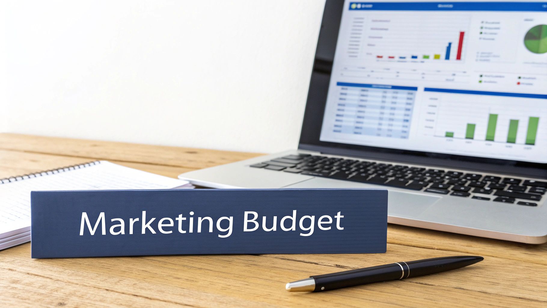 An author planning long-term expenses at a desk with a laptop and notebooks.