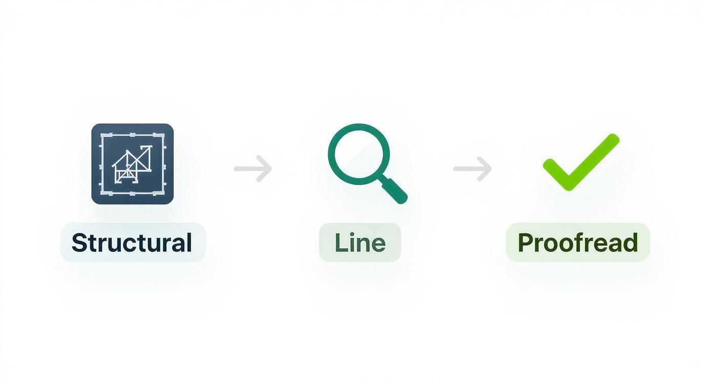 Workflow diagram showing three steps: Structural (blueprint), Line (magnifying glass), and Proofread (checkmark).