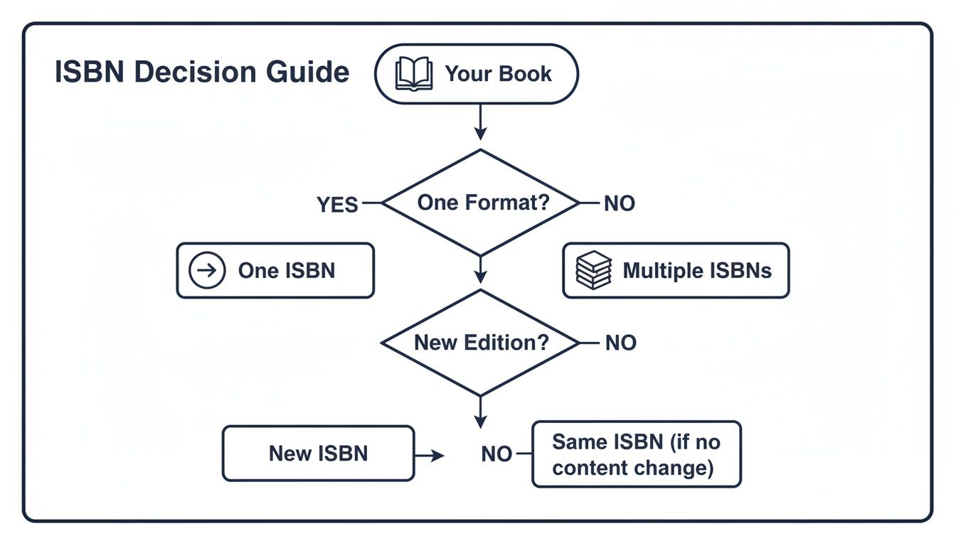 A flowchart titled 'ISBN Decision Guide' showing how to determine ISBN based on format and edition.