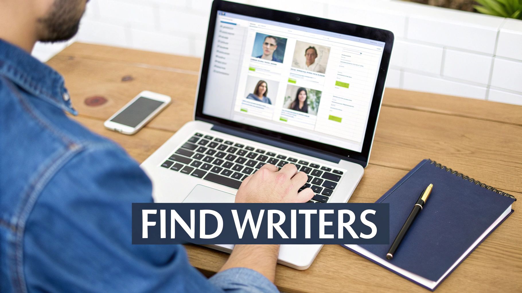 A person searches for writers on a laptop, with a smartphone and notebook on a wooden desk.