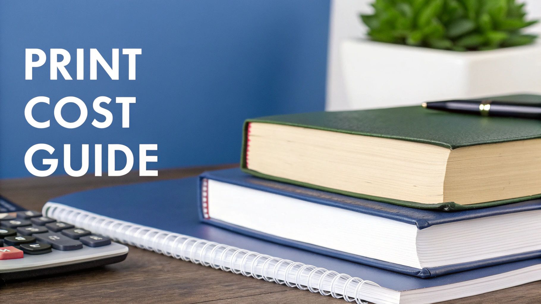Books, a notebook, and calculator on a desk with 'PRINT COST GUIDE' text, for printing resources.